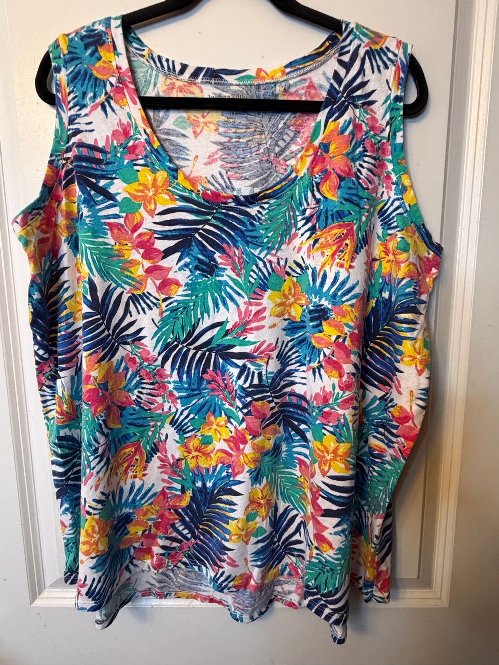 Woman Within 22/24 1X White Tropical Floral Scoop Neck High-Low Tank